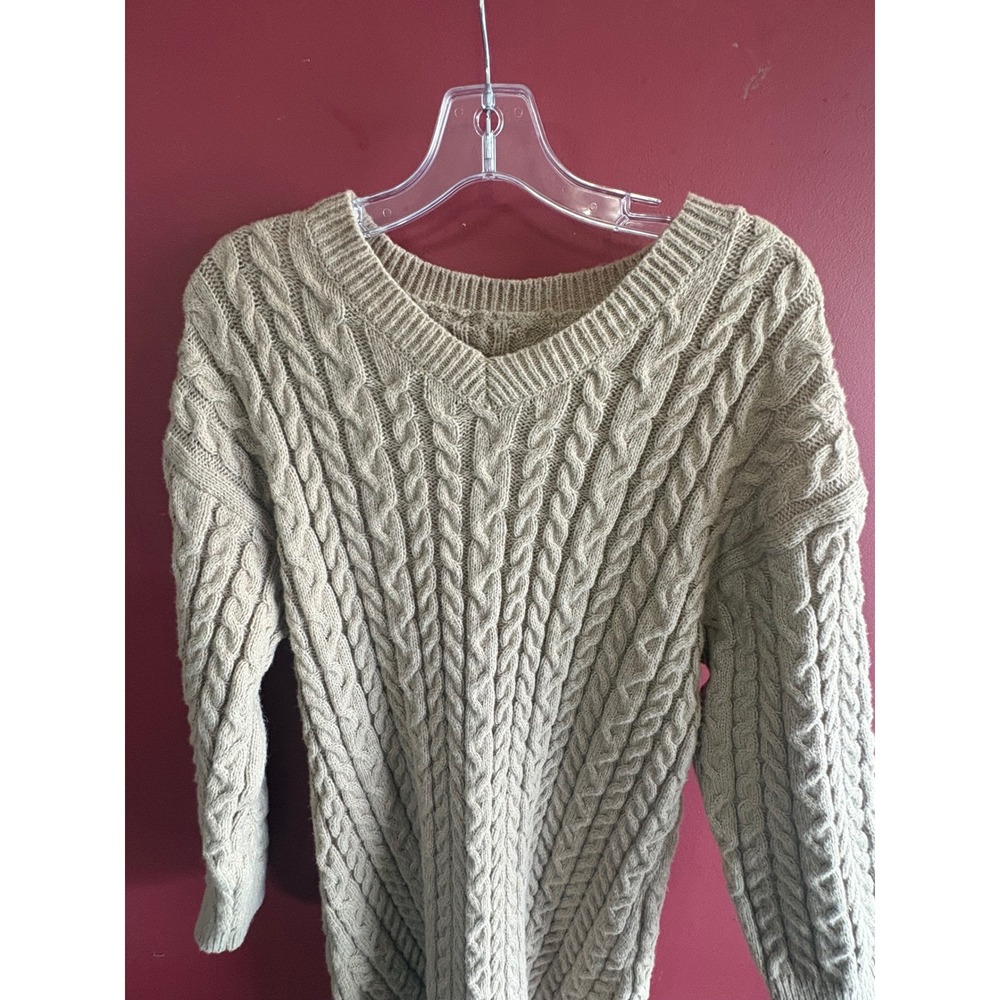 Post Womens Tan Beige Cable Knit V-Neck Long Sleeve Sweater Dress
